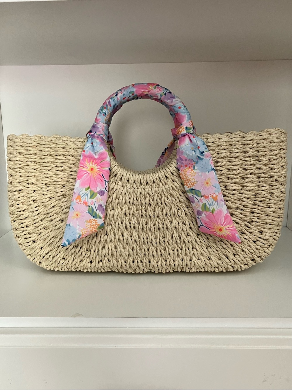 NWOT Natural Straw Tote with Pink Floral Scarf-Trimmed Handles